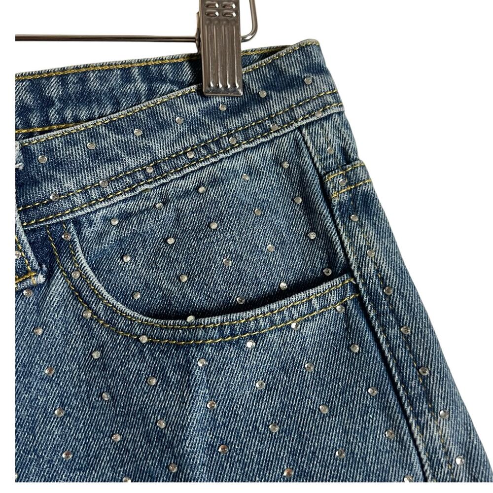 Superdown Kierra Rhinestone High Waist Raw Hem Denim Blue Jean Shorts Size M - Picture 7 of 10